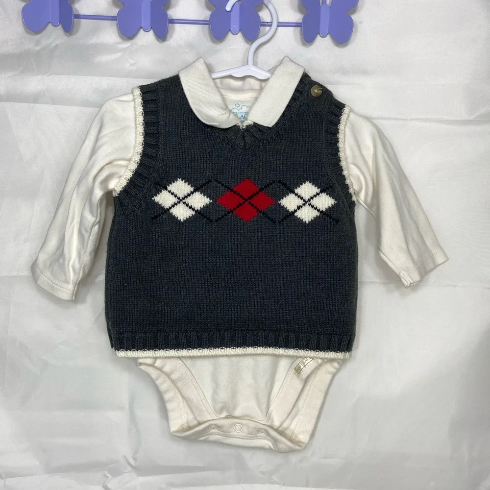EUC Children’s Place baby boy’s cream long sleeve knit sweater vest onesie‎ set